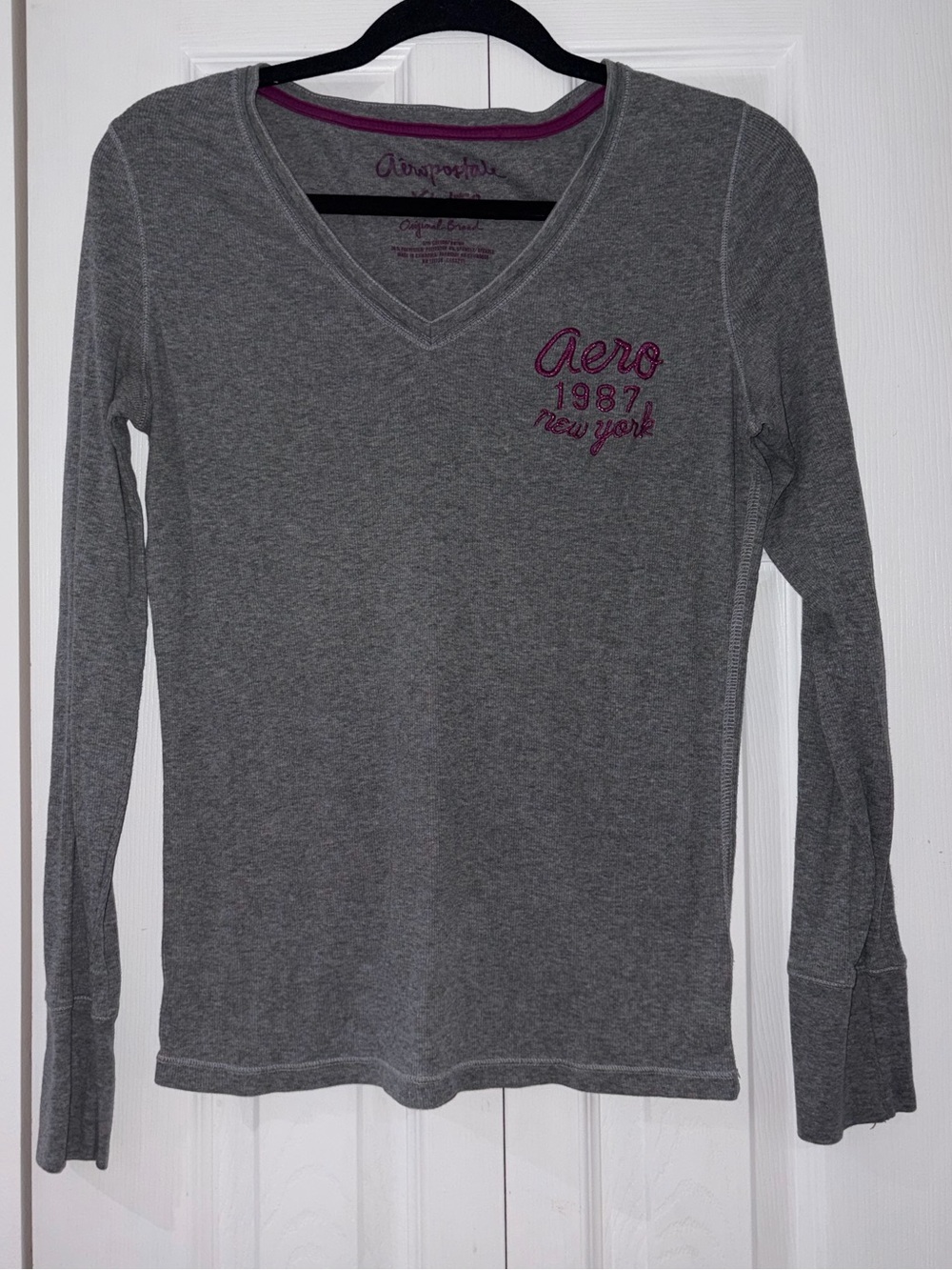 Aeropostale Grey Ribbed Long Sleeve Fitted Henly Top Size XL Y2K Street Style